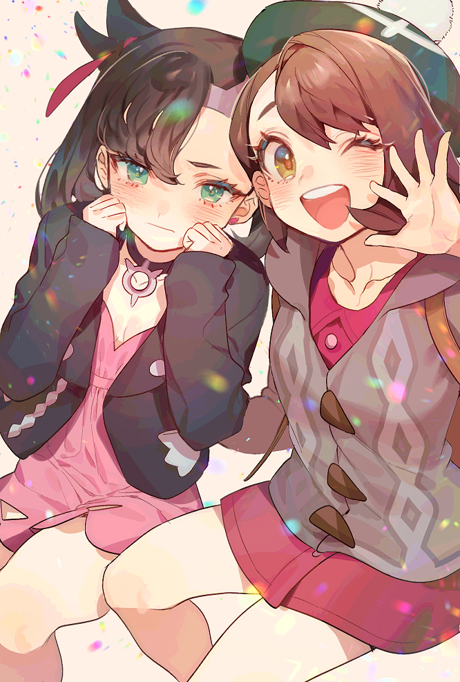 2girls ;d aqua_eyes asymmetrical_bangs bangs black_choker black_hair black_jacket blush brown_hair cable_knit cardigan choker closed_mouth collarbone dress green_headwear grey_cardigan hair_ribbon jacket long_sleeves looking_at_viewer mary_(pokemon) multiple_girls one_eye_closed open_clothes open_jacket open_mouth pink_dress pokemon pokemon_(game) pokemon_swsh red_ribbon ribbon short_dress short_hair sitting smile swept_bangs tam_o'_shanter waving yellow_eyes yuuri_(pokemon) zuizi