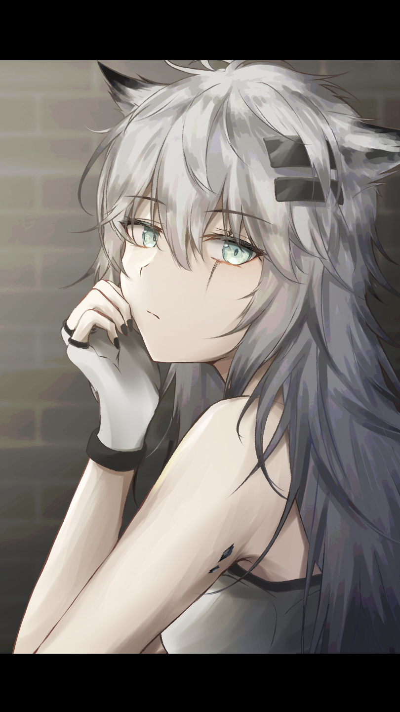 1girl animal_ears arknights bangs bare_arms bare_shoulders black_nails eyebrows_visible_through_hair fingerless_gloves gloves grey_eyes hair_between_eyes hair_ornament hairclip hand_up highres indoors kiyakyuu lappland_(arknights) letterboxed long_hair looking_at_viewer nail_polish ore_lesion_(arknights) scar scar_across_eye silver_hair solo strapless tubetop upper_body white_gloves wolf_ears