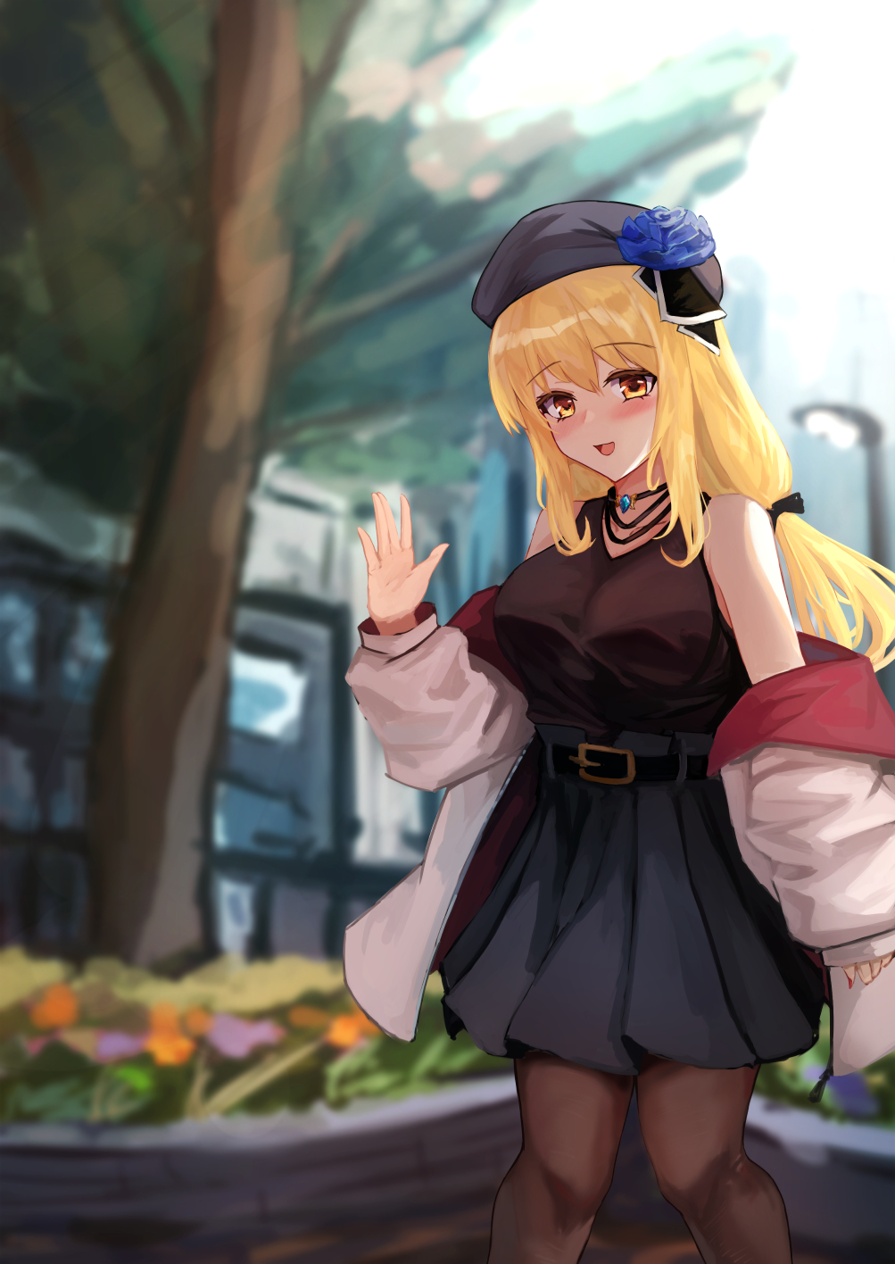 1girl bare_shoulders belt black_shirt blonde_hair blue_skirt blurry blurry_background blush breasts eyebrows_visible_through_hair hand_up hat highres hose jacket kurusemina large_breasts long_hair looking_at_viewer nail_art open_clothes open_jacket original oversized_clothes shirt skirt solo thigh-highs tied_hair waving yellow_eyes