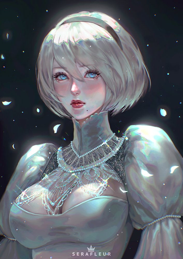 abigail_diaz blue_eyes breasts headband lipstick makeup mole mole_under_mouth nier_(series) nier_automata red_lipstick sparkle white_hair yorha_no._2_type_b