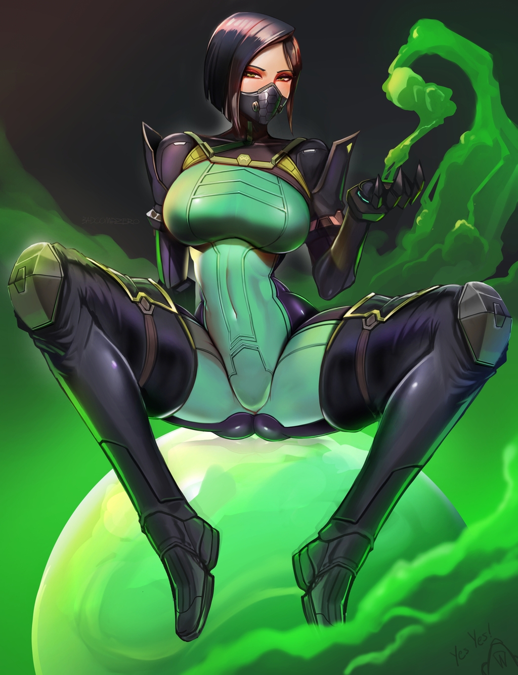 1girl ass badcompzero black_hair black_legwear bodysuit breasts covered_navel green_eyes highres looking_at_viewer mask medium_breasts orb poison short_hair sitting solo thigh-highs tight valorant viper_(valorant)