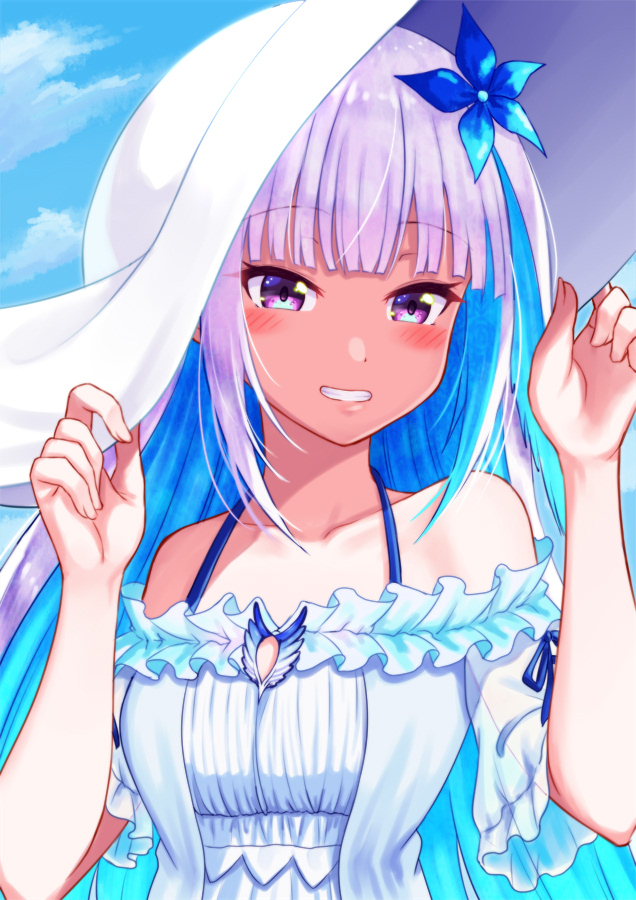 1girl bare_shoulders collarbone dress fingers grin hat lize_helesta looking_at_viewer mizunashi_hayate multicolored_hair nijisanji portrait sky sleeveless sleeveless_dress smile solo spaghetti_strap summer sun_hat sundress two-tone_hair violet_eyes virtual_youtuber white_dress