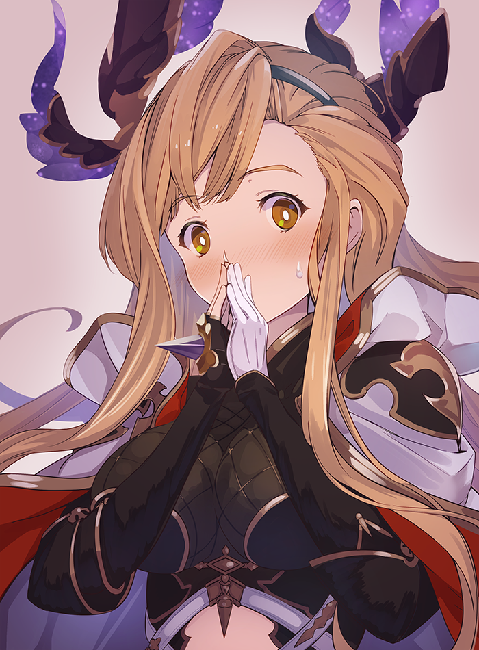 1girl asymmetrical_gloves bangs black_gloves blush breasts cloak coffee1223 covering_mouth fingerless_gloves fingers_together gloves granblue_fantasy head_wings headband large_breasts light_brown_hair long_hair looking_at_viewer sidelocks simple_background song_(granblue_fantasy) white_cloak white_gloves yellow_eyes