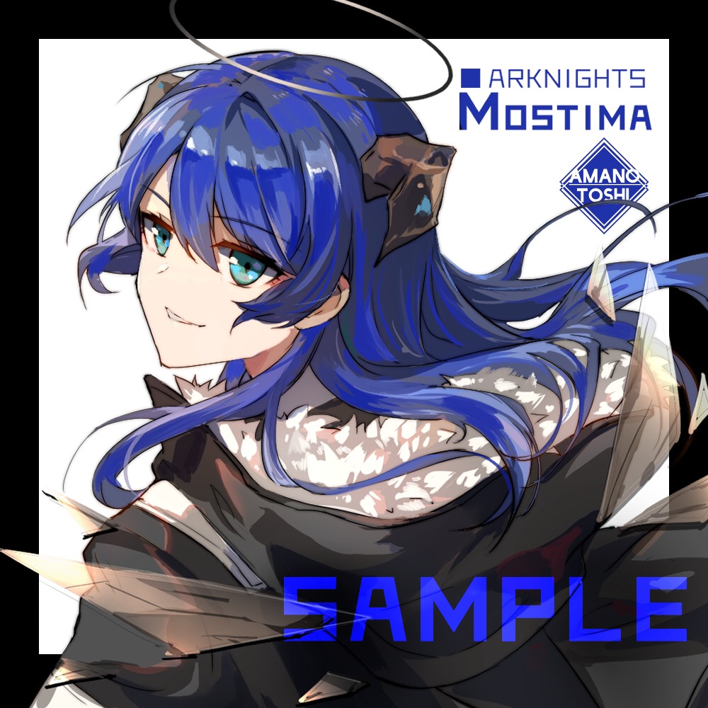1girl arknights artist_name bangs black_border black_jacket blue_eyes blue_hair border character_name chinese_commentary commentary_request copyright_name eyebrows_visible_through_hair fur-trimmed_jacket fur_trim grin hair_between_eyes halo horns jacket long_hair mostima_(arknights) outside_border parted_lips sample smile solo tianye_toshi upper_body white_background