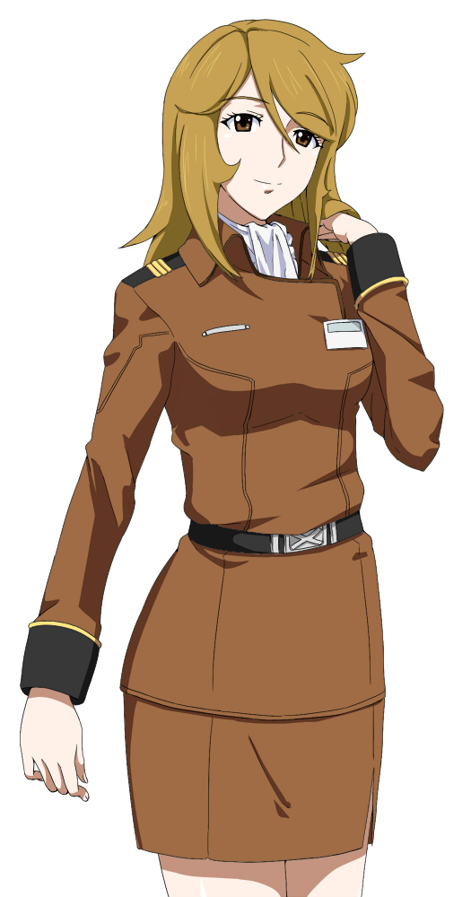 1girl blonde_hair breasts brown_eyes closed_mouth long_hair looking_at_viewer military military_uniform mori_yuki ribonzu simple_background skirt solo uchuu_senkan_yamato uchuu_senkan_yamato_2199 uniform white_background