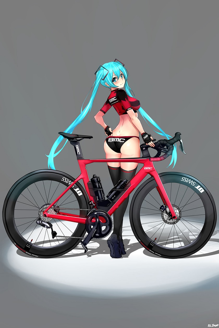 1girl ass back bicycle black_hair black_legwear blue_eyes blue_hair breasts commentary fingerless_gloves gloves ground_vehicle hatsune_miku highres korean_commentary looking_at_viewer shaojiang smile solo thigh-highs tiptoes twintails vocaloid