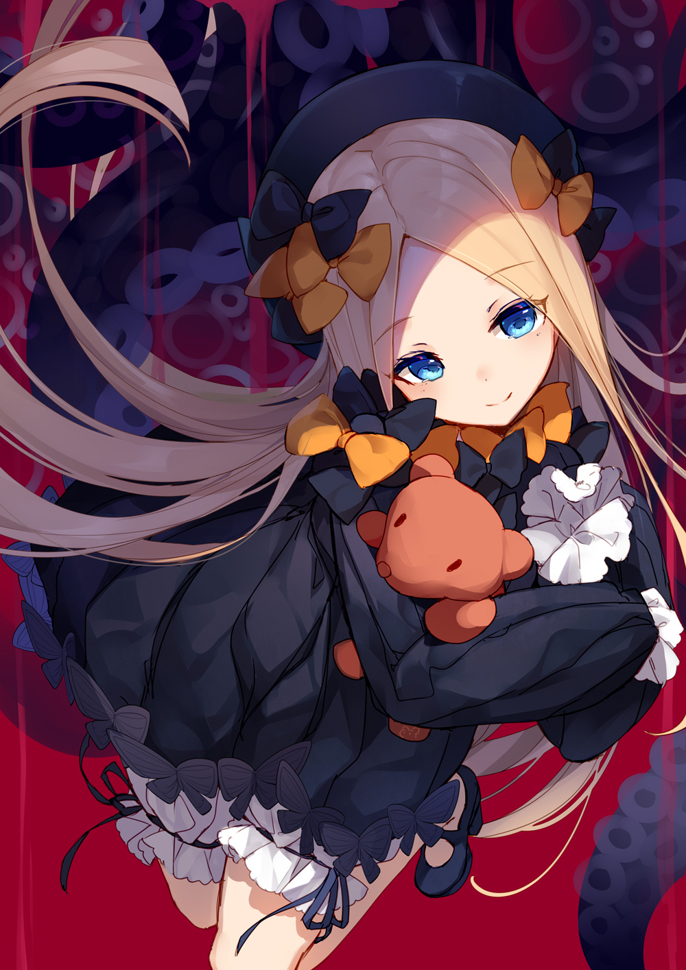 1girl abigail_williams_(fate/grand_order) bangs bison_cangshu black_bow black_headwear blonde_hair blue_eyes blush bow commentary_request dress eyebrows_visible_through_hair fate/grand_order fate_(series) forehead hair_bow hat highres long_hair long_sleeves looking_at_viewer object_hug orange_bow parted_bangs red_background sleeves_past_fingers sleeves_past_wrists smile solo stuffed_animal stuffed_toy teddy_bear tentacles very_long_hair