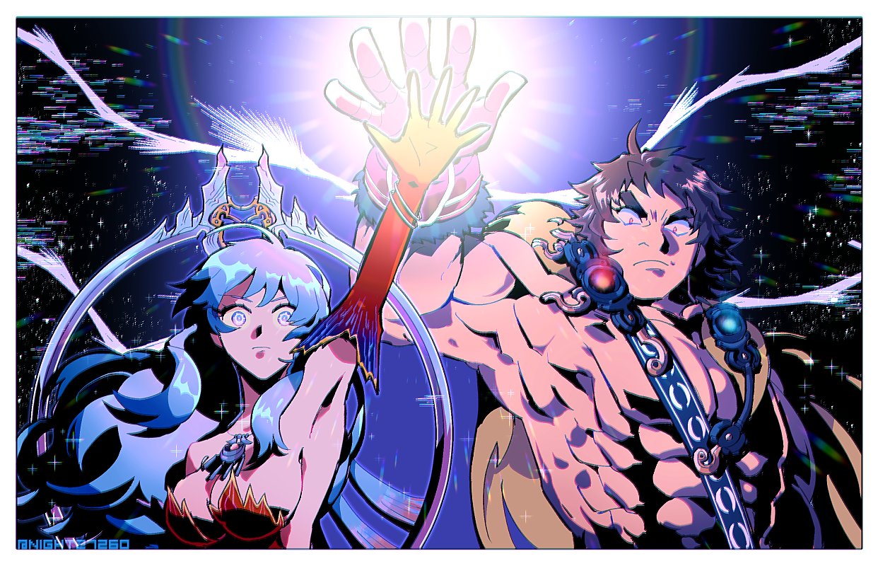 1boy 1girl abs arms_up artemis_(fate/grand_order) bangs bara bare_shoulders blue_eyes breasts brown_hair chest dress fate/grand_order fate_(series) gloves glowing glowing_eyes gradient_hair jewelry large_breasts long_hair long_sleeves looking_at_viewer manly moon multicolored_hair muscle night27260 open_clothes orion_(fate/grand_order) orion_(super_archer)_(fate) pectorals pose shirtless sparkle thick_eyebrows upper_body white_hair