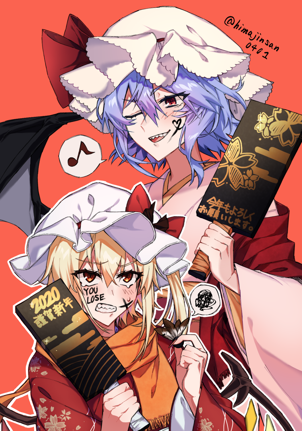 2girls bat_wings blonde_hair blush clenched_teeth eighth_note english_text eyebrows_visible_through_hair face_painting facepaint flandre_scarlet hagoita hane_(hanetsuki) hanetsuki hat hat_ribbon highres himajinsan0401 lavender_hair mob_cap multiple_girls musical_note new_year one_eye_closed paddle red_background red_eyes remilia_scarlet ribbon sharp_teeth siblings simple_background sisters spoken_musical_note spoken_squiggle squiggle tears teeth touhou twitter_username upper_body wings