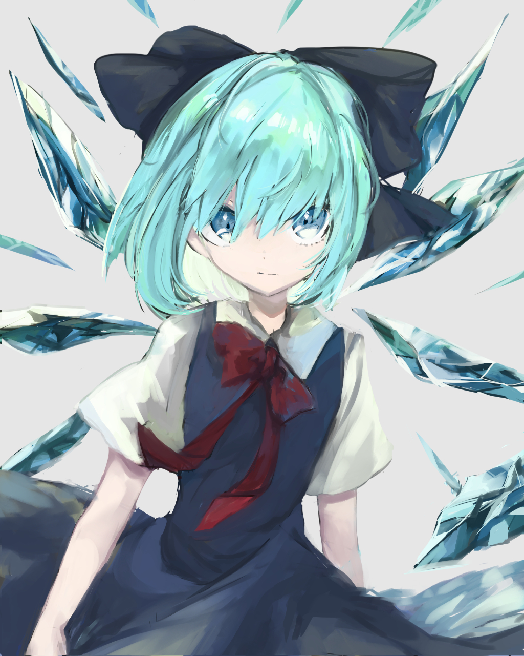 1girl aqua_hair bangs black_bow blue_dress blue_eyes bow bowtie cirno closed_mouth collar collared_dress dress fairy grey_background hair_bow highres ice ice_wings looking_at_viewer red_bow red_neckwear short_hair short_sleeves simple_background solo standing touhou tsukikusa wings