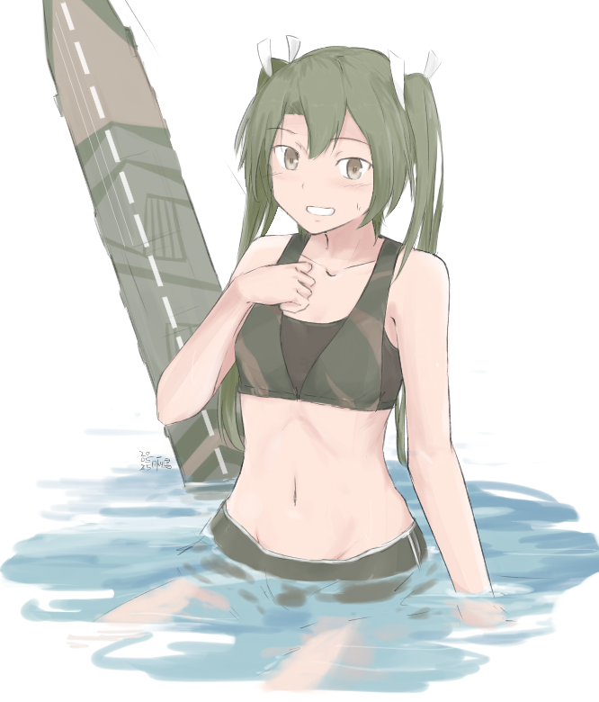 1girl bikini breasts camouflage collarbone commentary_request dark_green_hair flight_deck green_bikini green_eyes grin kantai_collection kusakasima long_hair looking_at_viewer navel partially_submerged small_breasts smile solo surfboard swimsuit twintails upper_body zuikaku_(kantai_collection)