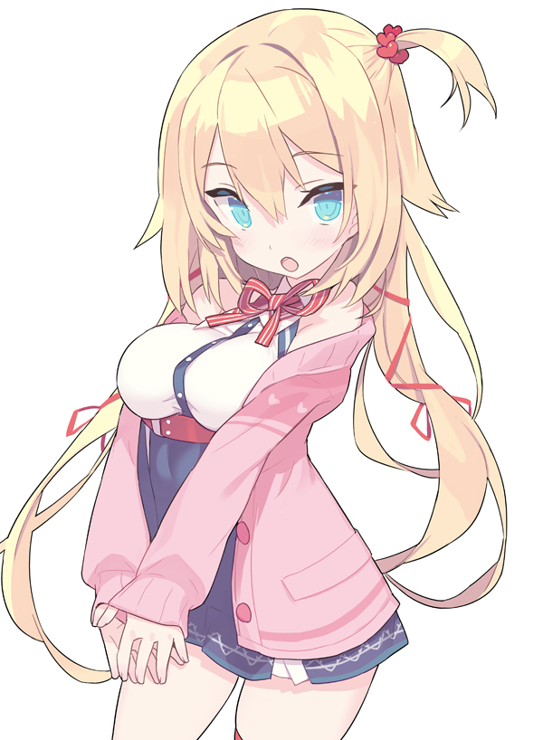 1girl akai_haato bangs bare_shoulders belt blade_(galaxist) blonde_hair blue_eyes blue_skirt blush breasts cardigan cowboy_shot hair_ornament hair_ribbon heart heart_hair_ornament high-waist_skirt hololive large_breasts long_hair long_sleeves looking_at_viewer off_shoulder one_side_up open_cardigan open_clothes open_mouth pink_cardigan red_belt red_ribbon ribbon shirt simple_background skindentation skirt solo thighs virtual_youtuber white_background white_shirt