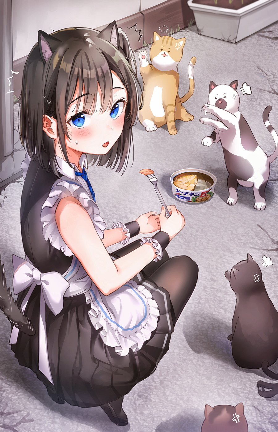 1girl anger_vein angry animal_ear_fluff animal_ears apron black_footwear black_legwear black_skirt blue_eyes blue_neckwear brown_hair cat cat_ears cat_food cat_tail collared_shirt day eyebrows_visible_through_hair fork frilled_apron frills highres holding holding_fork looking_at_viewer medium_hair necktie open_mouth original outdoors pantyhose pleated_skirt rangu ribbon shadow shirt skirt sleeveless sleeveless_shirt squatting surprised sweatdrop tail tail_raised tiptoes white_apron white_ribbon wrist_cuffs