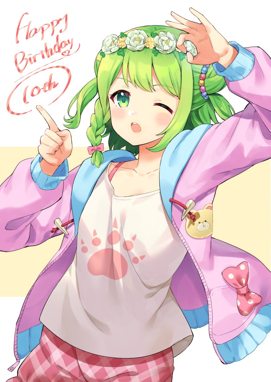 1girl ;o arm_up beige_background blush bow braid collarbone commentary_request drawstring flower green_eyes green_hair hair_bow hair_flower hair_ornament hand_up happy_birthday highres hood hood_down hooded_jacket index_finger_raised jacket long_hair long_sleeves morinaka_kazaki mosomoso nijisanji ok_sign one_eye_closed open_clothes open_jacket open_mouth pink_bow pink_jacket plaid plaid_shorts polka_dot polka_dot_bow red_bow red_shorts rose shirt shorts side_braid single_braid solo two-tone_background upper_teeth virtual_youtuber white_background white_flower white_rose white_shirt yellow_flower