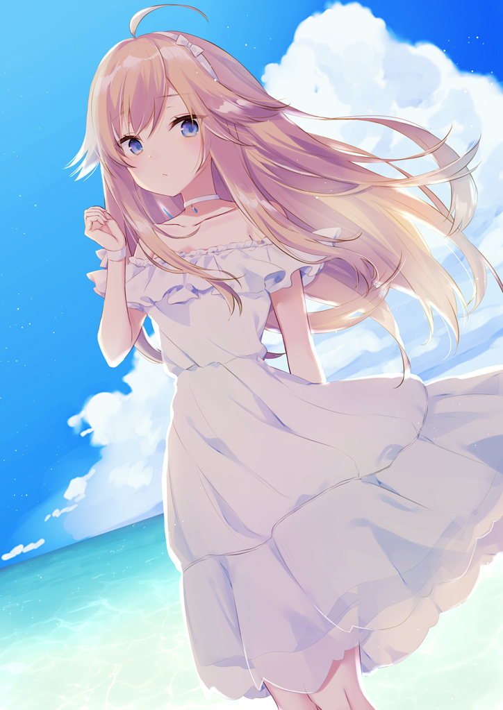 1girl ahoge bangs bare_shoulders blue_eyes blue_sky blush bow closed_mouth clouds cloudy_sky commentary_request day dress eyebrows_visible_through_hair floating_hair hair_between_eyes hair_bow hairband hand_up horizon light_brown_hair long_hair looking_at_viewer ocean off-shoulder_dress off_shoulder original outdoors purin_jiisan see-through sky solo standing very_long_hair water white_bow white_dress white_hairband