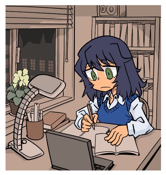 1girl andou_(girls_und_panzer) bangs black_hair blinds book bookshelf border computer dark_skin desk girls_und_panzer green_eyes ichinana_(dametetujin17) indoors lamp laptop long_sleeves medium_hair messy_hair pen pencil plant potted_plant sitting studying sweater_vest white_border window