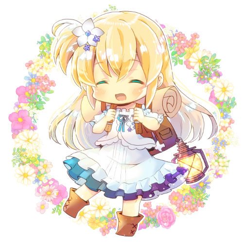 1girl ^_^ backpack bag bangs blonde_hair blue_flower blush boots brown_footwear chibi closed_eyes commission dress eyebrows_visible_through_hair facing_viewer floral_background flower full_body hair_between_eyes hair_flower hair_ornament holding_strap jacket kouu_hiyoyo lantern long_hair one_side_up original parted_lips pink_flower puffy_short_sleeves puffy_sleeves red_flower short_sleeves simple_background solo very_long_hair white_background white_dress white_flower white_jacket