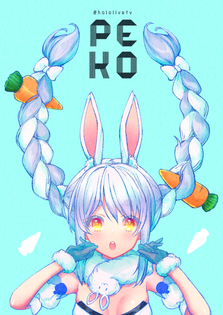 1girl animal_ear_fluff animal_ears blue_background blue_gloves blue_hair blush bow braid breasts carrot_hair_ornament commentary detached_sleeves food_themed_hair_ornament fur-trimmed_gloves fur_trim gloves hair_bow hair_ornament hands_up hololive ittokyu long_hair multicolored_hair open_mouth puffy_short_sleeves puffy_sleeves rabbit_ears red_eyes short_eyebrows short_sleeves simple_background small_breasts solo symbol_commentary thick_eyebrows twin_braids twintails twitter_username two-tone_hair upper_body upper_teeth usada_pekora very_long_hair virtual_youtuber white_bow white_hair white_sleeves yellow_eyes