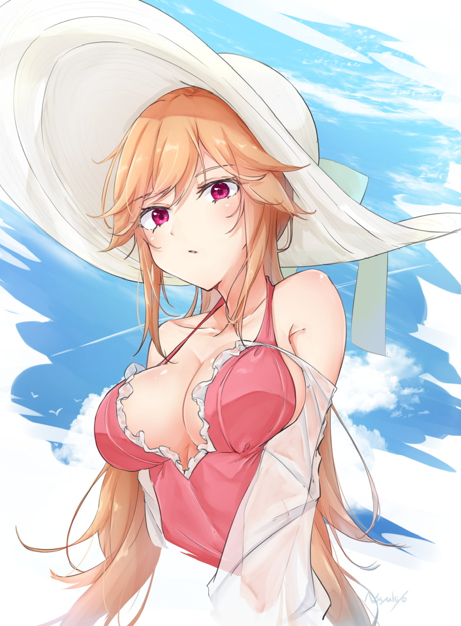 1girl azur_lane bare_shoulders breasts cropped_torso frills halterneck hat highres large_breasts long_hair looking_at_viewer nayuta_hilo off_shoulder one-piece_swimsuit orange_hair parted_lips pink_swimsuit red_eyes richelieu_(azur_lane) richelieu_(flagship_in_the_sea_breeze)_(azur_lane) solo sun_hat swimsuit white_headwear