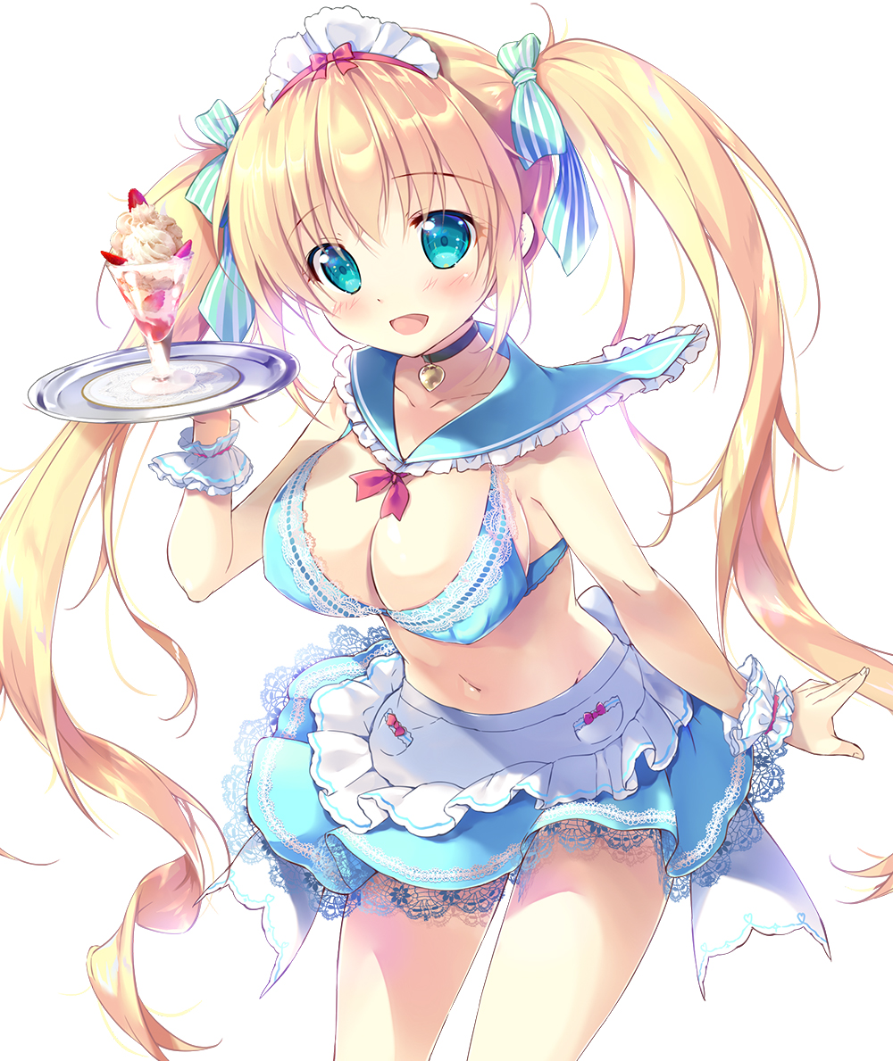 1girl apron aqua_eyes blonde_hair blue_skirt blush bow bra breasts choker commentary_request covered_nipples food frills fruit hair_bow holding holding_tray lace lace-trimmed_bra lace-trimmed_skirt large_breasts long_hair looking_at_viewer maid_headdress mikeou navel open_mouth original parfait sailor_collar skirt smile solo standing strawberry tray twintails underwear very_long_hair waist_apron waitress white_background wrist_cuffs