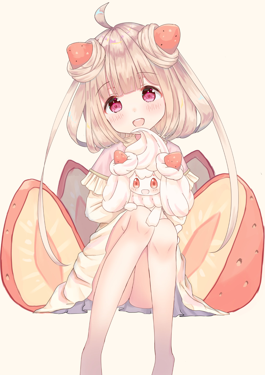 1girl :d alcremie alcremie_(strawberry_sweet) alcremie_(vanilla_cream) bangs beige_background blush capelet commentary_request dress eyebrows_visible_through_hair feet_out_of_frame food food_themed_hair_ornament frilled_capelet frills fruit gen_8_pokemon hair_ornament head_tilt highres knees_up light_brown_hair long_hair looking_at_viewer mimikaki_(men_bow) open_mouth personification pink_capelet pokemon pokemon_(creature) pokemon_(game) pokemon_swsh simple_background sitting smile strawberry strawberry_hair_ornament very_long_hair violet_eyes white_dress