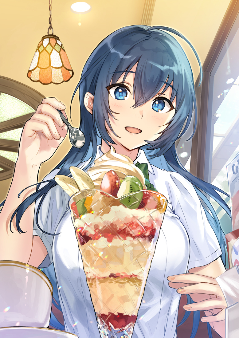 1girl :d ahoge blue_eyes blue_hair bow bowtie breasts commentary_request cup eyebrows_visible_through_hair hair_between_eyes long_hair open_mouth original parfait school_uniform smile solo spoon tan_(tangent)