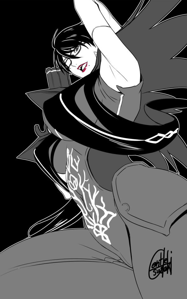 1girl arm_up armpits bayonetta bayonetta_(character) bayonetta_2 black_background black_hair breasts covered_navel cowboy_shot earrings elbow_gloves gentle_sasaki glasses gloves gun handgun jewelry large_breasts lipstick looking_at_viewer makeup mole mole_under_mouth open_mouth pistol red_lips short_hair signature under_boob weapon