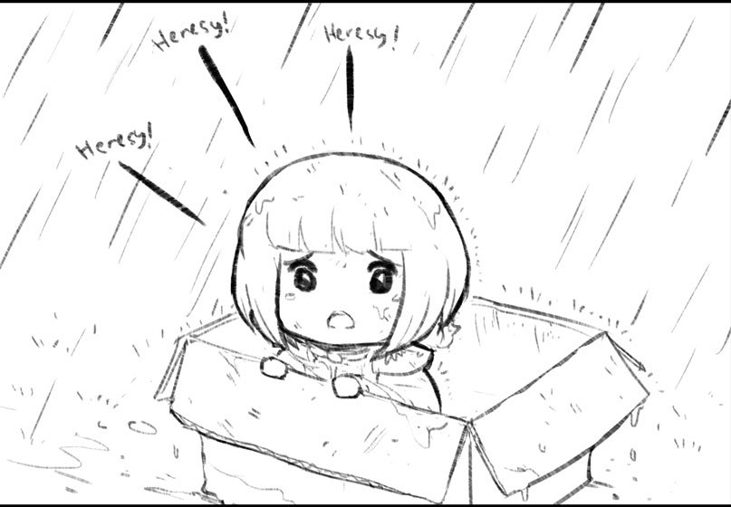 1girl bangs blunt_bangs bob_cut box cardboard_box chibi commentary english_commentary english_text for_adoption greyscale in_box in_container lutherniel monochrome open_mouth rain sad short_hair sister_of_battle solo warhammer_40k wet