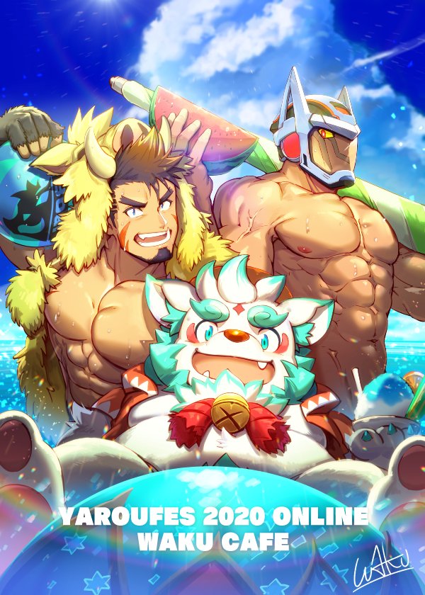 3boys abs agyo_(tokyo_houkago_summoners) algernon_(tokyo_houkago_summoners) ball bara beard blue_eyes brown_hair chest clouds day english_text facial_hair fang food fruit furry gullinbursti_(tokyo_houkago_summoners) hat helmet holding holding_ball looking_at_viewer male_focus manly multiple_boys muscle navel nipples on_shoulder open_mouth outdoors pectorals red_eyes signature sitting sky smile standing star swimsuit teeth umbrella umbrella_on_arm veins waku_(ayamix) watermelon wet yellow_sclera