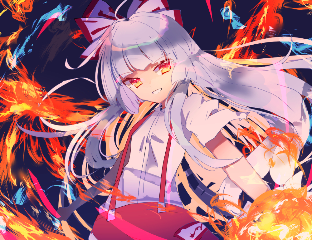 1girl bangs blunt_bangs bow breasts eyebrows_visible_through_hair fire floating_hair fujiwara_no_mokou grin hair_bow hime_cut long_hair looking_at_viewer multicolored_bow ofuda pants paper parted_lips red_pants shirt short_sleeves sidelocks small_breasts smile solo standing suspenders teeth torn_clothes torn_sleeves touhou tsukikusa white_shirt wind