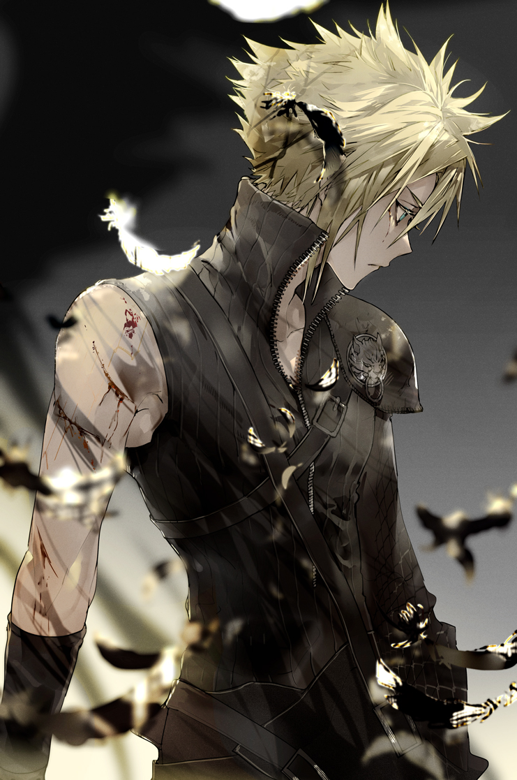 1boy bangs belt bleeding blonde_hair blood blue_eyes cloud_strife cuts feathers final_fantasy final_fantasy_vii hair_between_eyes injury looking_to_the_side male_focus solo suou