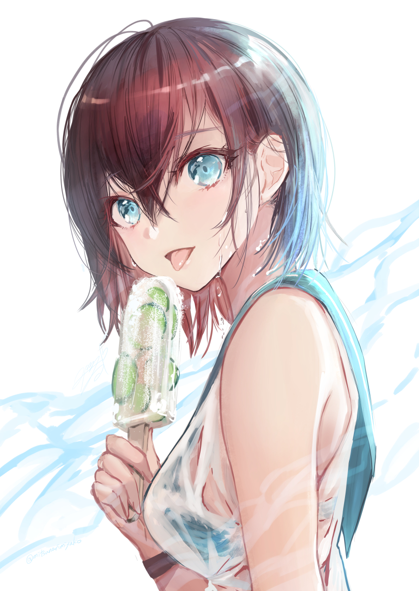 1girl :d :p bangs bare_shoulders bikini bikini_under_clothes blue_bikini blue_eyes blue_sailor_collar breasts brown_hair cucumber food from_side hair_between_eyes highres holding holding_food looking_at_viewer looking_to_the_side medium_breasts mitsunari_miyako open_mouth original popsicle sailor_collar see-through shirt short_hair smile solo swimsuit tongue tongue_out upper_body wet wet_clothes wet_shirt white_background white_shirt