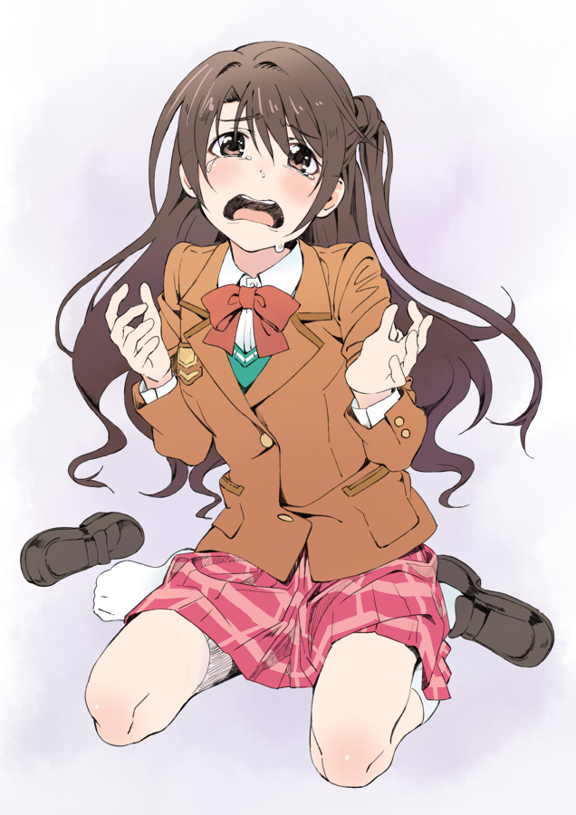 brown_hair crying crying_with_eyes_open gengoru idolmaster idolmaster_cinderella_girls long_hair open_mouth school_uniform shimamura_uzuki shoes single_shoe sitting snot tears wariza