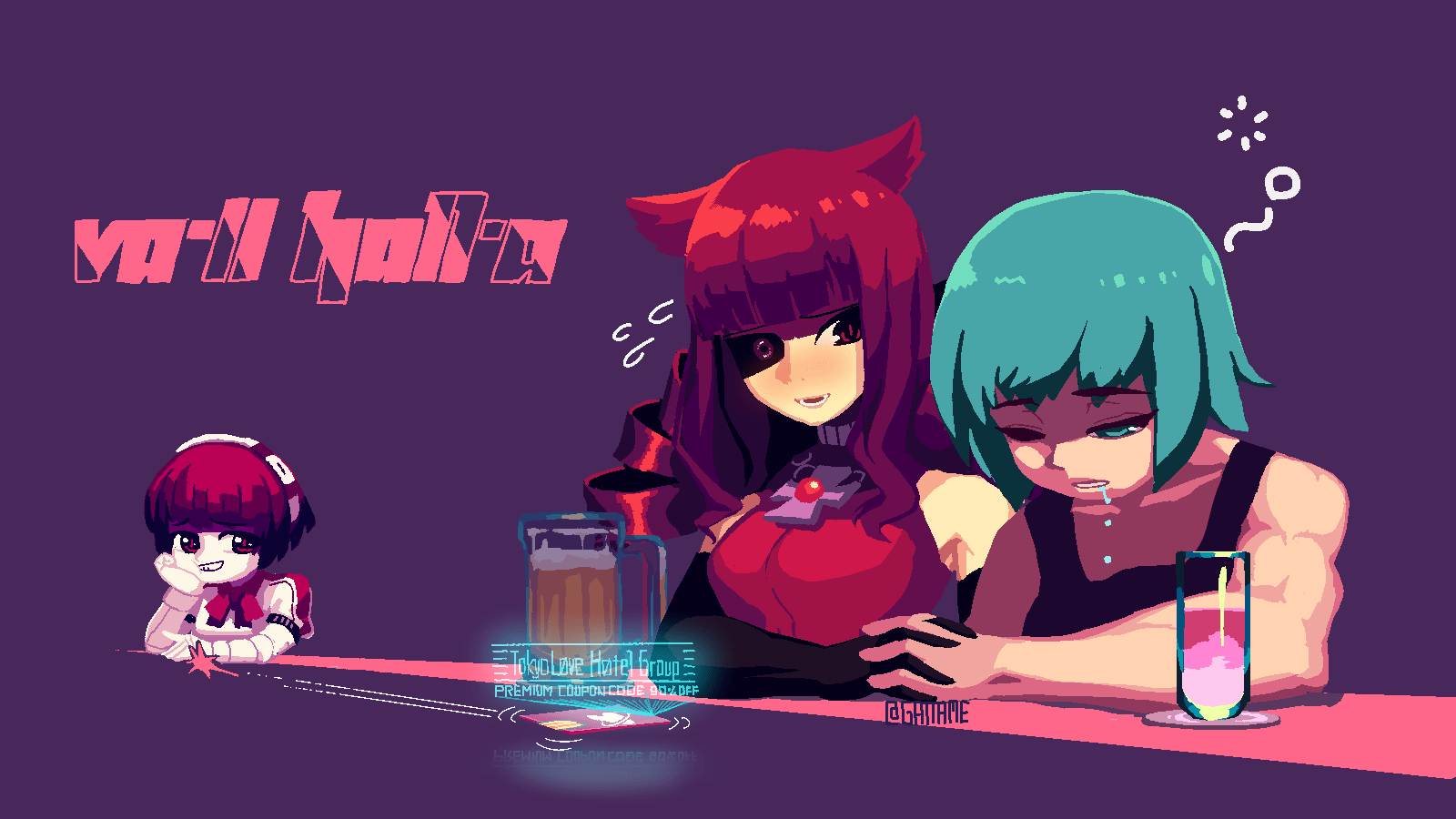 3girls alcohol animal_ears bar beer blue_hair cat_ears commentary_request dorothy_haze drill_hair drink drunk english_text gattame hairband highres holding_hands hologram multiple_girls muscle muscular_female redhead sei_asagiri simple_background sliding stella_hoshii tank_top twitter_username va-11_hall-a yuri