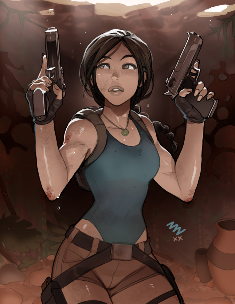 1girl alternate_breast_size backpack bag black_gloves blood blue_leotard braid breasts brown_eyes brown_hair brown_shorts cave commentary dirty dirty_face dual_wielding english_commentary fingerless_gloves gloves gun handgun holding holding_gun holding_weapon holster injury lara_croft leotard long_braid long_hair looking_up mike_nesbitt pistol short_shorts shorts single_braid small_breasts solo sweat thigh_holster tomb_raider trigger_discipline weapon