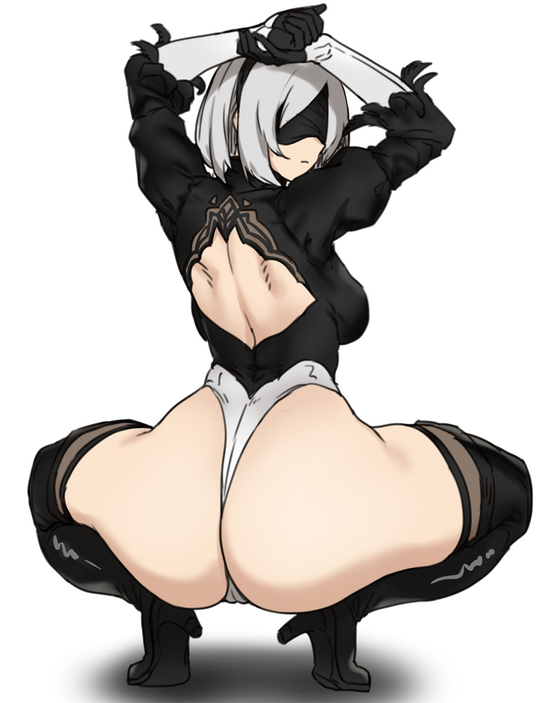 1girl arms_behind_head arms_up ass back back_cutout black_blindfold black_dress black_gloves black_hairband blindfold boots breasts covered_eyes dress feather-trimmed_sleeves gloves hairband high_heel_boots high_heels highleg highleg_leotard houtengeki juliet_sleeves large_breasts leotard long_sleeves nier_(series) nier_automata puffy_sleeves short_hair silver_hair simple_background squatting thigh-highs thigh_boots thighs thong_leotard white_background white_hair white_leotard yorha_no._2_type_b