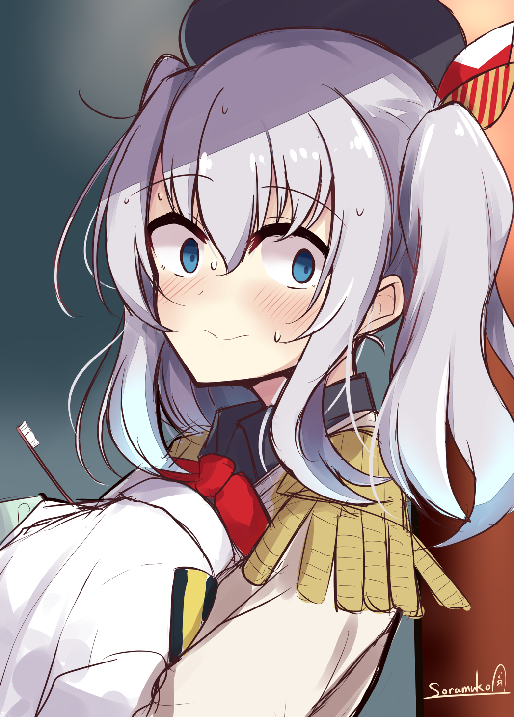 1girl beret black_headwear blue_eyes blush commentary_request epaulettes eyebrows_visible_through_hair hat highres holding holding_jacket jacket kantai_collection kashima_(kantai_collection) long_sleeves military_jacket neckerchief red_neckwear sidelocks signature silver_hair solo soramuko toothbrush twintails upper_body wavy_hair white_jacket