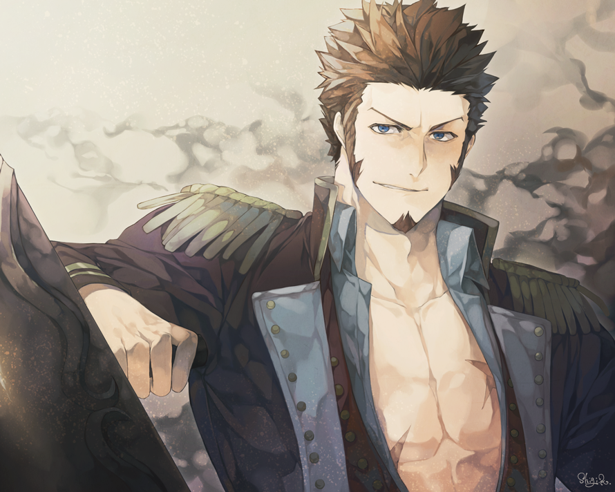 1boy abs bara beard blue_eyes brown_hair cannon chest collar epaulettes facial_hair fate/grand_order fate_(series) fringe_trim frown goatee gradient_hair huge_weapon jacket leaning_on_object leaning_to_the_side long_sleeves looking_at_viewer male_focus military military_uniform multicolored_hair muscle napoleon_bonaparte_(fate/grand_order) nogisigi open_clothes open_jacket open_shirt pectorals scar sideburns simple_background smile solo standing uniform upper_body weapon