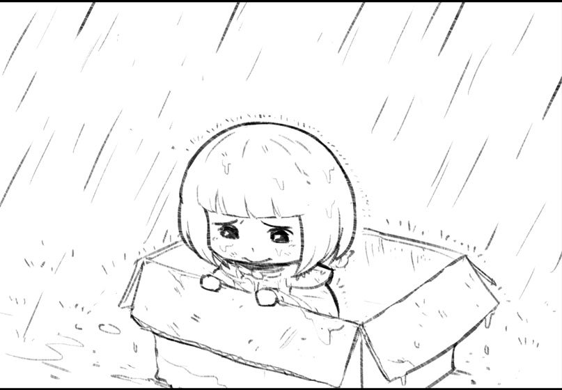 1girl bangs blunt_bangs bob_cut box cardboard_box chibi commentary english_commentary for_adoption greyscale in_box in_container lutherniel monochrome rain sad short_hair sister_of_battle solo tearing_up warhammer_40k wet