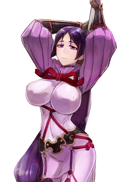 1girl armor arms_up bangs black_gloves bodysuit breasts closed_mouth covered_navel elbow_gloves fate/grand_order fate_(series) gloves huitu_xigai japanese_armor kote large_breasts long_hair looking_at_viewer low-tied_long_hair minamoto_no_raikou_(fate/grand_order) parted_bangs pelvic_curtain purple_bodysuit purple_hair ribbed_sleeves rope simple_background thighs very_long_hair violet_eyes white_background