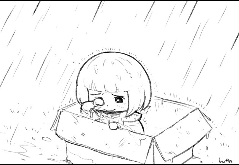 1girl bangs blunt_bangs bob_cut box cardboard_box chibi commentary english_commentary for_adoption greyscale in_box in_container lutherniel monochrome rain sad short_hair sister_of_battle solo tearing_up tears warhammer_40k wet wiping_tears