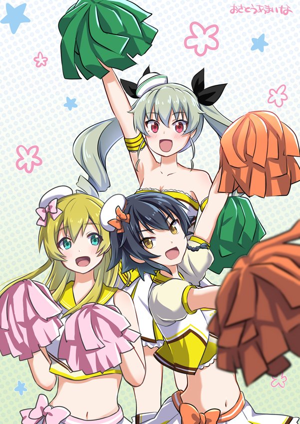 3girls :d alternate_costume anchovy_(girls_und_panzer) arm_up artist_name bangs bare_shoulders beret black_hair black_ribbon blonde_hair bow bow_skirt braid brown_eyes carpaccio_(girls_und_panzer) cheerleader commentary dixie_cup_hat double_horizontal_stripe drill_hair eyebrows_visible_through_hair girls_und_panzer green_eyes green_hair hair_ribbon hat hat_bow hat_ribbon holding holding_pom_poms jacket katakori_sugita lace lace-trimmed_shirt long_hair looking_at_viewer midriff military_hat mini_hat miniskirt multiple_girls navel open_mouth orange_bow pepperoni_(girls_und_panzer) pink_bow pleated_skirt polka_dot polka_dot_background pom_poms ribbon sailor_collar shirt short_hair short_sleeves side_braid signature skirt sleeveless sleeveless_shirt smile standing strapless tilted_headwear tubetop twin_drills twintails white_shirt white_skirt yellow_jacket