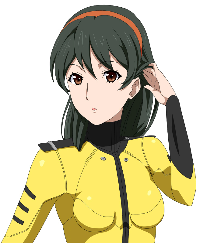 1girl black_hair bodysuit breasts brown_eyes hairband medium_hair open_mouth ribonzu saijou_miki simple_background solo uchuu_senkan_yamato uchuu_senkan_yamato_2199 uchuu_senkan_yamato_2202:_ai_no_senshi-tachi uniform white_background yellow_bodysuit