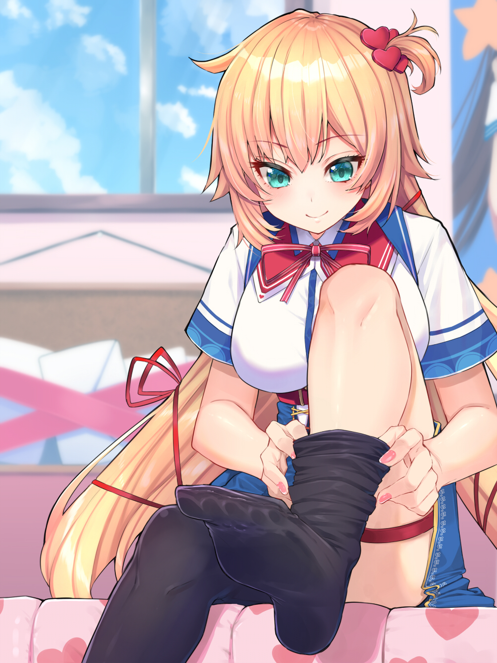 1girl akai_haato aqua_eyes bed black_legwear blonde_hair blue_skirt blue_sky breasts closed_mouth clouds cloudy_sky commentary_request day dressing eyebrows_visible_through_hair feet foot_out_of_frame hair_between_eyes hair_ornament hair_ribbon heart heart_hair_ornament highres hololive indoors large_breasts long_hair looking_down mikan_(chipstar182) miniskirt neck_ribbon on_bed poster_(object) red_ribbon ribbon shirt short_sidetail short_sleeves sitting sitting_on_bed skirt sky smile soles solo thigh-highs thigh_strap thighs virtual_youtuber white_shirt window wing_collar