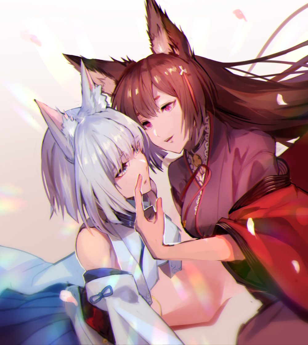 2girls :d amagi_(azur_lane) animal_ears azur_lane bare_shoulders black_kimono blue_eyes blue_skirt blush brown_hair commentary_request detached_sleeves expressionless fox_ears fox_girl hair_between_eyes hand_on_another's_face haori japanese_clothes kaga_(azur_lane) kaga_(battleship)_(azur_lane) kimono long_hair looking_at_another moji_(mojimozis) multiple_girls open_mouth parted_lips pink_eyes short_hair silver_hair skirt smile very_long_hair violet_eyes white_kimono wide_sleeves