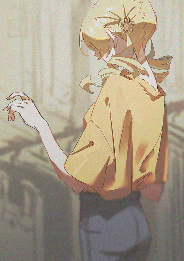 1girl alternate_costume ass backlighting blonde_hair blurry blurry_background blurry_foreground breasts denim depth_of_field die_(die0118) drill_hair facing_away flower hair_flower hair_ornament hair_over_eyes hairpin hand_up head_down jeans loose_clothes loose_shirt mahou_shoujo_madoka_magica medium_breasts nape orange_shirt pants profile shaded_face shiny shiny_hair shirt shirt_tucked_in short_sleeves sideboob solo standing tomoe_mami twin_drills upper_body