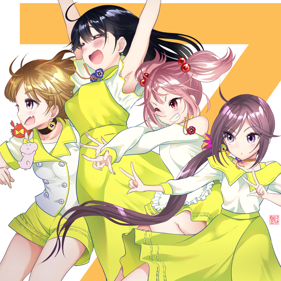 4girls ahoge akebono_(kantai_collection) alternate_costume artist_name bell black_hair blush brown_eyes buttons closed_eyes dress fingernails flower grin hair_bell hair_bobbles hair_flower hair_ornament jingle_bell kantai_collection light_brown_hair long_hair long_sleeves multiple_girls oboro_(kantai_collection) one_eye_closed open_mouth pink_eyes pink_flower pink_hair purple_hair sazanami_(kantai_collection) short_hair side_ponytail signature smile sumeragi_hamao twintails ushio_(kantai_collection) violet_eyes