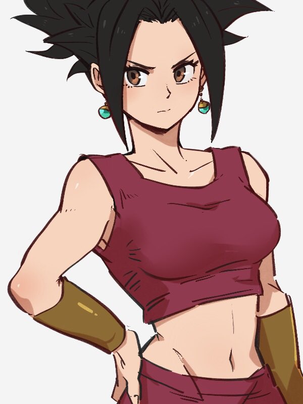 1girl black_hair breasts brown_eyes collarbone dragon_ball dragon_ball_super earrings grey_background hand_on_hip jewelry kefla_(dragon_ball) kemachiku looking_at_viewer medium_breasts midriff navel potara_earrings short_hair simple_background solo