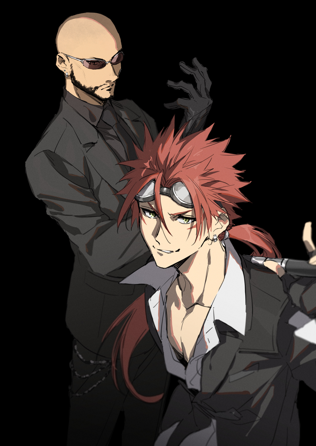 2boys bald baton black_background black_gloves black_suit collared_shirt earrings facial_hair final_fantasy final_fantasy_vii final_fantasy_vii_remake gloves goggles goggles_on_head highres holding jewelry long_hair looking_at_viewer male_focus multiple_boys ponytail redhead reno rude shirt sunglasses white_shirt xia_(ryugo) yellow_eyes