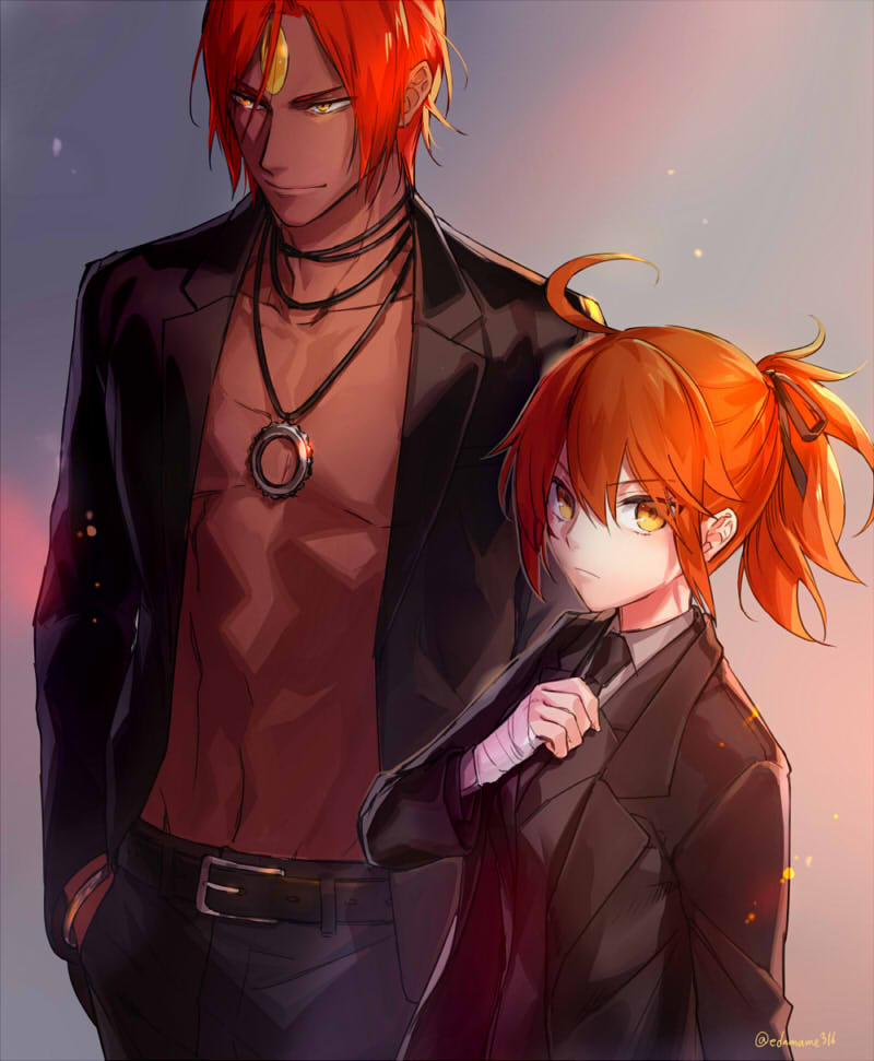 1boy 1girl abs ahoge alternate_costume alternate_hairstyle ashwatthama_(fate/grand_order) bandages bangs belt breasts chest dark_skin dark_skinned_male edamameoishii eyebrows_visible_through_hair fate/grand_order fate_(series) forehead_jewel formal fujimaru_ritsuka_(female) gem hair_between_eyes hair_ornament hand_in_pocket jewelry long_sleeves looking_at_viewer looking_to_the_side medium_hair muscle navel necklace one_side_up open_clothes orange_eyes orange_hair pants redhead revealing_clothes side_ponytail simple_background suit yellow_eyes